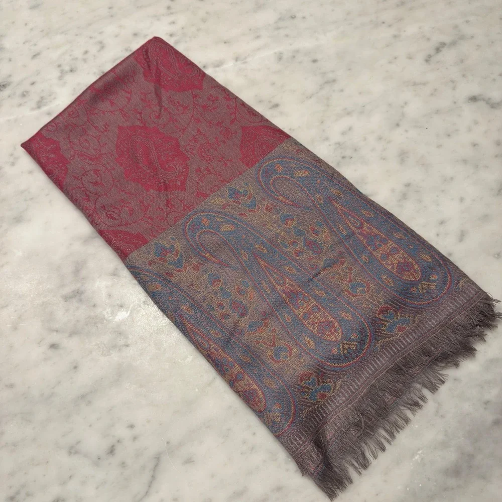 Paisley Shawl Scarf‎ Wrap Large Pink Blue Gold Metallic Fringe